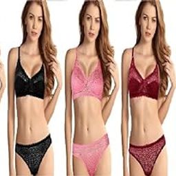 Womens Net Lingerie Set for Honeymoon, Bridal Bra Panty Set of 5 Pieces, Pink, Blue, White, Black, Red-image-11