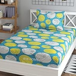 BSB HOME Glace Cotton Large Leaf Print Mix N Match Single Bed Sheet with 1 Pillow Covers for Single/Coat/Diwan Bed, Beige and Green-30