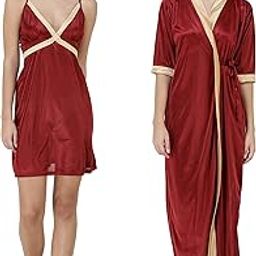 Satin 2pc Short Nighty with Robe Nightdress Maroon-image-95