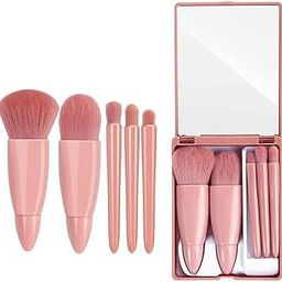 MINISO Portable 5Pcs Travel Makeup Brush Set with Makeup Mirror in Brush Case - Lip Brush Blending Powder Brush Eyeshadow Brush - Multicolor-39