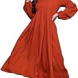 Women Rust V-Neck A-Line Dress with Bishop Sleeves, Gathered Details, Flared Hem - Casual Dress for Women, Calf Length - Stylish Dress - Comfortable Fashion-image-53