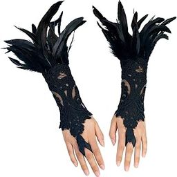 Women's Black Feather Lace Long Gloves Witch Spider Web for Halloween Pack of 2, Black-3-image-66