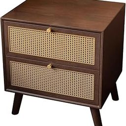 KEPFITESE Rattan Nightstand, Bohemian Nightstand with 2 Drawers, Rattan Decorative Side Table, Nightstand with Solid Wood Legs for Bedroom, Dorm and Small Space (Walnut)-image-21