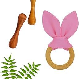 Litilish Wooden Teether Ring/Neem Wood Teeth Ring for Babies,Teethers Sacker/Soother Wood Rattle Nibbler Teething Toy Teeher Infant with Soft Muslin Cloth Bunny Ear Combo for Baby (Bunny + Dumbell (2))-16