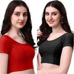 Designer Crop Blouse for Women, Short Sleeve, Scoop Neck, Red and Black, Textured Pattern-image-68