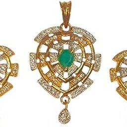 Gold-Plated Pendant and Earrings Set, Stone-Studded Jewellery Set with Drop Design, Traditional Wedding Collection-3