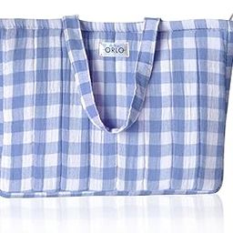 Pinteresty QUILTED 100% Cotton Checked Tote Bags with Zipper for Women - For College, Travel, Work and Daily Use -Small, Powder Blue-image-45