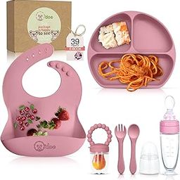 O'doe 6-Piece BPA-Free Silicone Baby Feeding Set | Soft Suction Plates, Baby Food Bowl, Wooden Fork & Spoon, and More | Make Mealtime Fun and Easy for Your Little One (Rose - V6)-21
