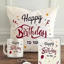 ALDIVO Satin Happy Birthday To You Gift For Girls | Birthday Combo Gift Pack Of 12 X 12" Cushion Cover With Filler + Printed Coffee Mug +Greeting Card + Printed Key Ring-Polyester-image-97
