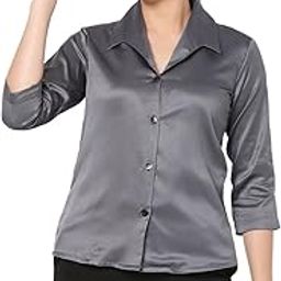 Women's Silk Satin Grey Color Long Point Collar Formal Shirt.-picture-25