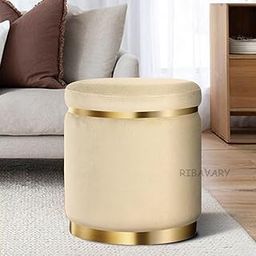 RIBAVARY Velvet Luxurious Sitting Stool For Bedroom & Living Room, Sofa Side Stool, Wooden Small Ottoman Footrest Stool, Makeup Chair, Pouf For Office & Home Decoration (Drum, Cream), 40 Cm, 35 Cm-image-45