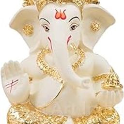 Gold Art India Gold and Silver Ganesh Idol For Car Dashboard Ganesha Murti Ganpati Idol For Home Decor Puja Lord Ganesh Statue Gift For Office Desk Puja Room Figurine (Gold and Cream) 40 x 50 mm-22
