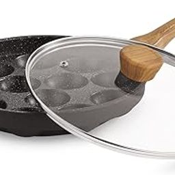 BERGNER Aadhirai Cast Aluminium 12 Pits (24cm) Appam Patra with Glass Lid, Non-Stick Coated Appe Maker/Appe Pan, PFOA Free, Wooden Finish Soft Touch Handle, Healthy Cooking - Gas Stove Compatible-image-90