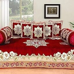 Fresh From Loom Velvet Floral 500 TC Diwan Set Red - 1 Single Bedsheet with 2 Bolster Covers and 5 Cushion Covers (8pc Set)-image-80