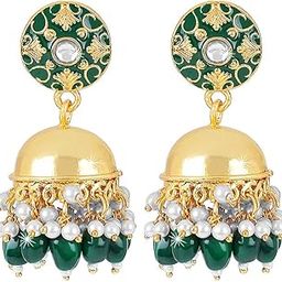 Earrings For Women & Girls | Traditional Green Meenakari Jhumka With Hanging Pearls | Gold Plated Jhumkas | Dome Shaped Jhumki Earring | Birthday & Anniversary Gift-picture-2