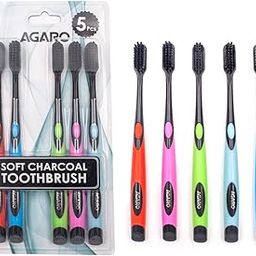AGARO Charcoal Manual Toothbrush, Gentle Soft, Teeth Whitening For Adults & Children, Medium Tip Bristles, Family Pack of 5, Mix Colour-picture-19
