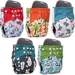 LuvLap Reusable Baby Cloth Diapers Combo Pack of 5, Orange & Green, Blue Panda, Green Bunny, White & Blue, Blue Ships, Double Leak Guard, High Absorption, Stain-Proof Comfort & Protection, 3m+-11