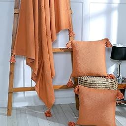 RD TREND® 100% Cotton Throw Blanket for Sofa Bed & Couch with Boho Style Cushion Cover Set of 2|Tassel Tufted Throw Blanket-55x61 Cushion Cover 16X16 Inches,Rust-image-34