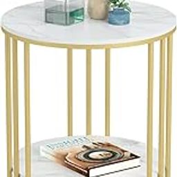 TheCraftory Small Circle End Tables 40x54cm Sintered Stone Bedside with Metal Golden Legs Modern White Nightstand 2 Tier Round Sofa Coffee Table for Bedroom Living Room Furniture-17