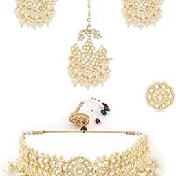 Gold Tone Bridal Kundan Choker Necklace Earring Maangtikka & Ring Set For Women-ZPFK11419-image-70