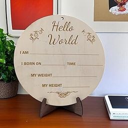 LASER ART Hello World Birth Announcement Wooden Plaque with Stand | MDF Baby Milestone Board for Newborn Photo Prop, Baby Shower Gift, Memory Keepsake – 19.5x18cm-image-36