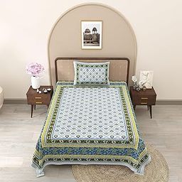 TrueYarns Floral Block Print Single Bedspread Set with Pillow Cover, Blue and Yellow Pattern, Traditional Design-image-26