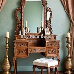 Solid Teak Vintage Carved Wooden Dressing Table with Mirror, 5 Drawers, Tufted Ottoman Stool, Victorian Style-10