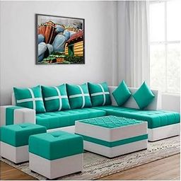 Shree Shanwariya Arts Dalton 8 Seater L Shape Sofa for Living Room Right Side-Aqua Blue | Fabric Sofa Set 8 Seater with Table Puffy | L Shape Sofa 8 Seater with Ottoman for Bedroom-image-88