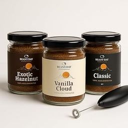 Beany Day Coffee Trio – Hazelnut, Vanilla, Classic (50g Each) | Instant Coffee Pack | Free Frother Inside-image-36