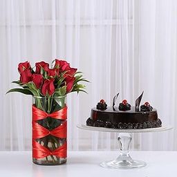 Fnp Red Roses Vase And Truffle Cake Combo-image-8