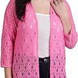 Women Self Design Cotton Lace 3/4th Sleeve Long Shrug | Front Open, No Closure | Pink-17
