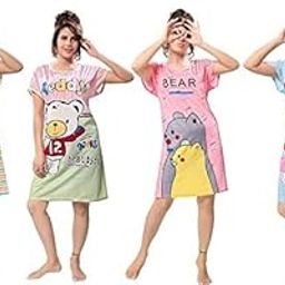 Women's Cotton Hosiery Cartoon Print Knee Length Nighties/Nightwear (Multicolor, Free Size, Combo Pack)-image-41