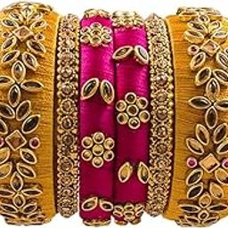 Silk Thread Bangles New kundan Style yellow Color pink Set of 10 for Women/Girls-23
