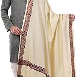 Sethssssss Men's Woollen Warm Kashmiri Acrylic Shawls Meditation Dushala Lohi Stole Solid Color Best Gifts- Light Beige-image-4