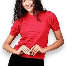 Top for Women, Red Pointelle Cotton Self Design Half Sleeves High Neck Knitted Top in Stylish Look for Office, Regular Wear, Comfortable for Girls-image-58