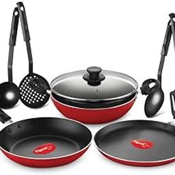 Pigeon by Stovekraft Mio Nonstick Aluminium Cookware Gift Set, Includes Nonstick Flat Tawa, Nonstick Fry Pan, Kitchen Tool Set, Kadai with Glass Lid, 8 Pieces Non-Induction Base Kitchen Set - Red-picture-1