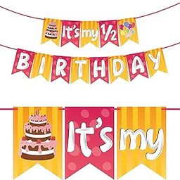 Wobbox 1/2 Birthday Bunting Banner, Pink & Orange, Half Birthday Decorations, Birthday Decoration Item-image-34