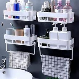 SOCHEP Plastic Bathroom Storage Rack,Shelf Organizer,Wall Mounted Shelf,Bathroom Hardware&Accessories Set For Home,Basin,Kitchen Multipurpose Holder Self Stand-White (Shelve(4)+Hanger(2)) Plastic-4