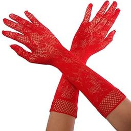 Imported Ladies Red Long Ruffled Lace Gloves,TRENDY WOMEN SEXY STRETCH LACE OPEAR AND LONG LENGTH PARTY GLOVES (Red Color)-11