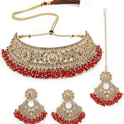 Fashion Gold Plated Red Kundan & Beads Floral Choker Necklace Set With Earring And Maangtika | Jewellery Set For Women (NS105482)-31