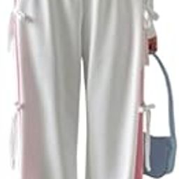 Women's Wide Leg Sweatpants with Side Bow Details, High Waist, White and Pink-picture-31