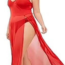 Plus Size Split Long Mesh Lingerie Dress Babydoll Maxi Dress Sleepwear Chemise Sleepwear Side Slits (XXX-Large, RED)-72