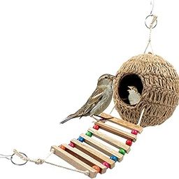 Jainsons Pet Products Natural Earthenware Jute Bird Nest House Hut Cage Feeder for Bird House for Small Birds-1