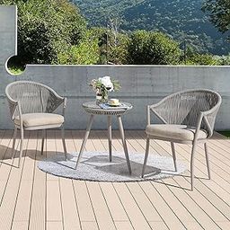 BRISHI Garden Patio Seating Chair and Table Set Outdoor Balcony Garden Coffee Table Set Furniture with 1 Table and 2 Chairs Set with Cushion Braid & Rope (Grey)-image-66