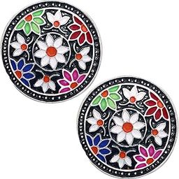 Black Meenakari Work Enamelled Floral Design Round Shaped Stud Earrings for Women (ER1109723R)-image-1