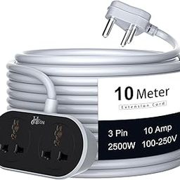 Hoteon Extension Cord 10 Meter, 2500W Extension Board, 10A Heavy Duty Ultra-Long Wire Extension, 2 Universal Outlets Extension Cable, 3 Pins Power Cord Extension for Home Office Indoor-29