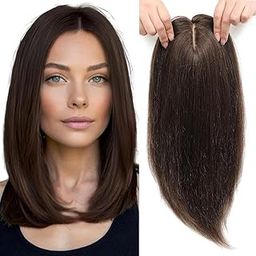 HAIR WALA™ 4 x 4 Inch Silk Base, 4 Clips Hair Toppers Hair Extension for Thinning Hair & Grey/White Hairs for Women,18 Inches Long, (Brown)-image-63