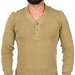 Khaki Knitted Sweater with Henley Neck | Woolen Men's Pullover Colorblock Sweater | Button Neck Cardigan for Men | Textured Crew Neck Sweater-picture-3