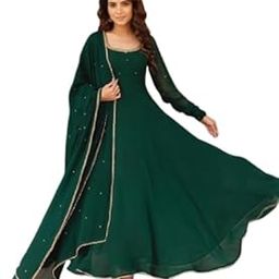Women's Georgette Anarkali Gown, Full Length, Green with Gold Border, Long Sleeves-image-6
