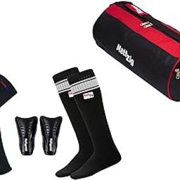 MattZig Football Kit (Black/Red) - One Pair Knee Length Poplin Socks, Shin Guard, UV Protective Arm Sleeves, 20L Kit Bag-image-76